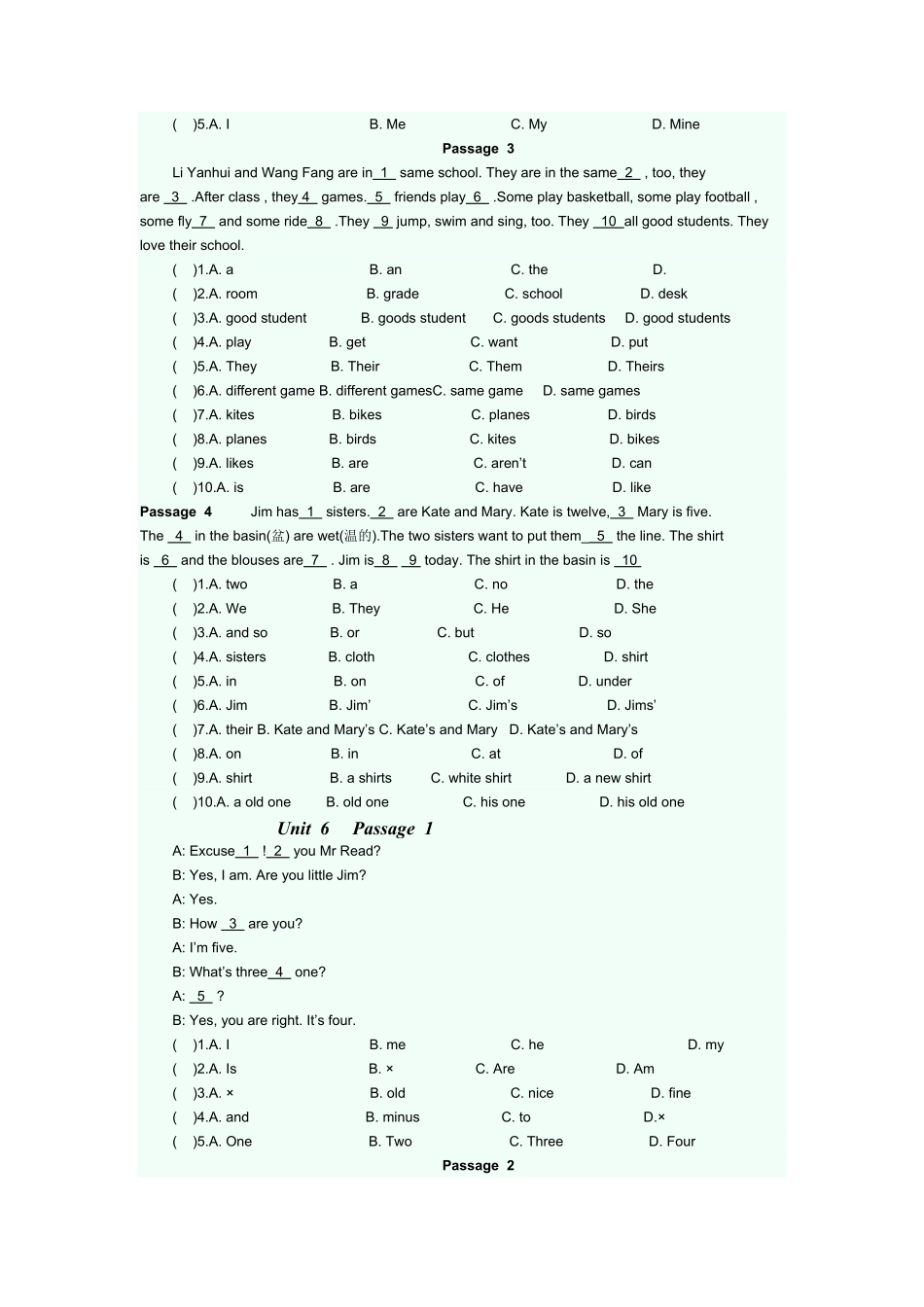 人教版英语七年级上册完型填空专项练课时练试卷2含答案.pdf_第3页