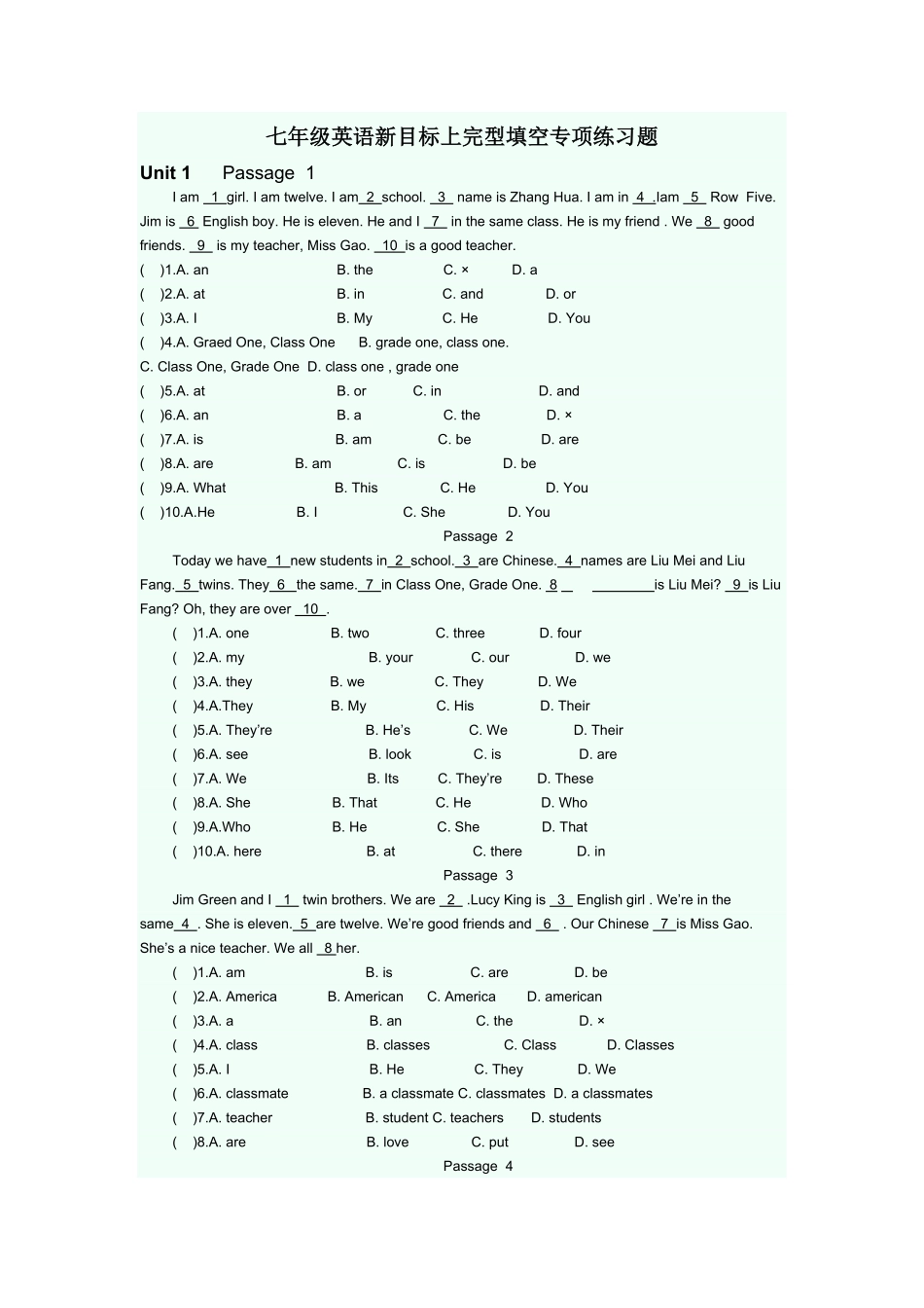 人教版英语七年级上册完型填空专项练课时练试卷1含答案.pdf_第1页