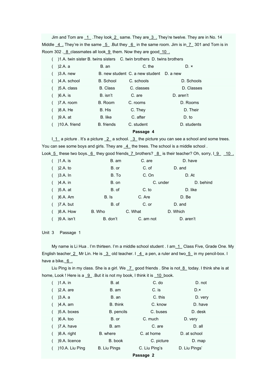 人教版英语七年级上册完型填空专项练课时练试卷1含答案.pdf_第3页