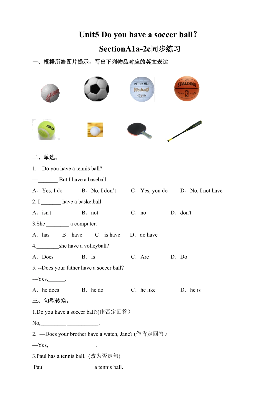 人教版英语七年级上册Unit5Doyouhaveasoccerball？SectionA1a2c练习含答案.pdf_第1页