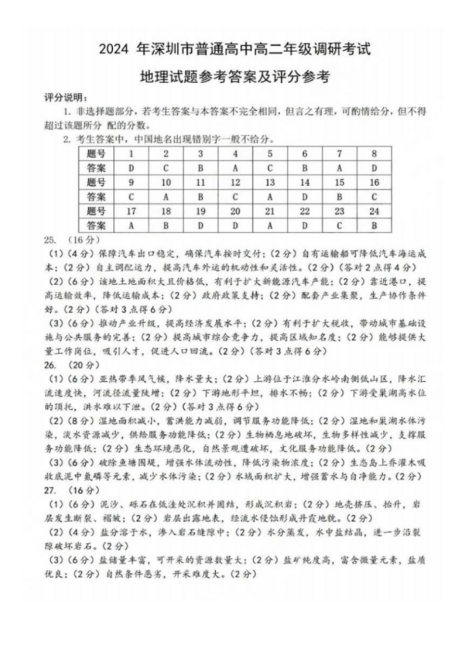 【广东卷】【高二】广东省深圳市2024年高二年级下学期7月期末调研考试(7.3-7.5)地理试卷答案.pdf_第1页