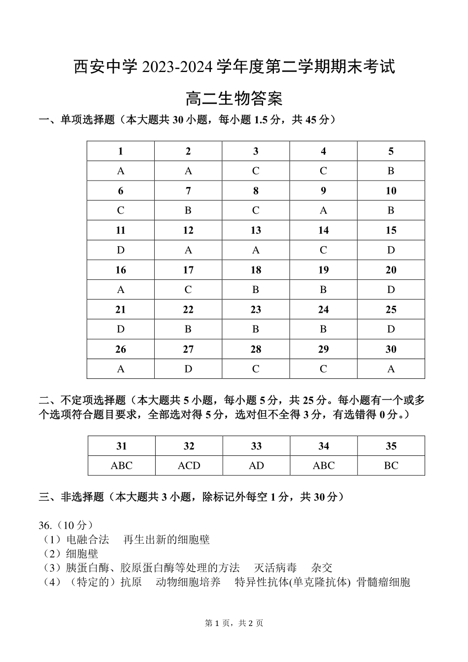 【陕西卷】【高二】陕西省西安中学2023-2024学年高二下学期6月期末考试生物试卷答案.pdf_第1页