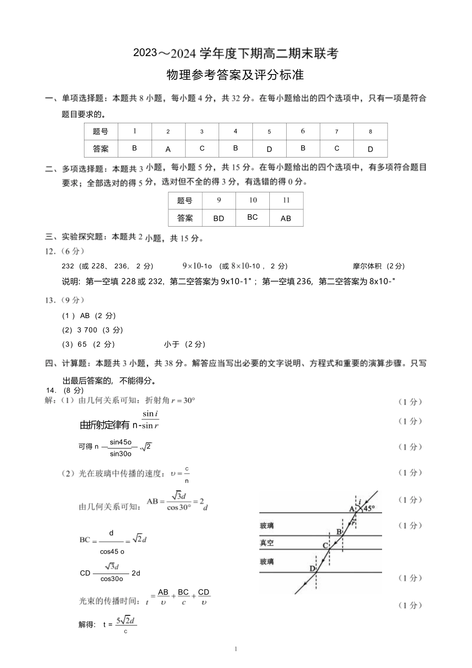 【四川卷】【高二】四川省成都市蓉城名校联盟2023-2024学年高二下学期期末联考(6.17-6.18)物理试题参考答案及评分标准.docx_第1页