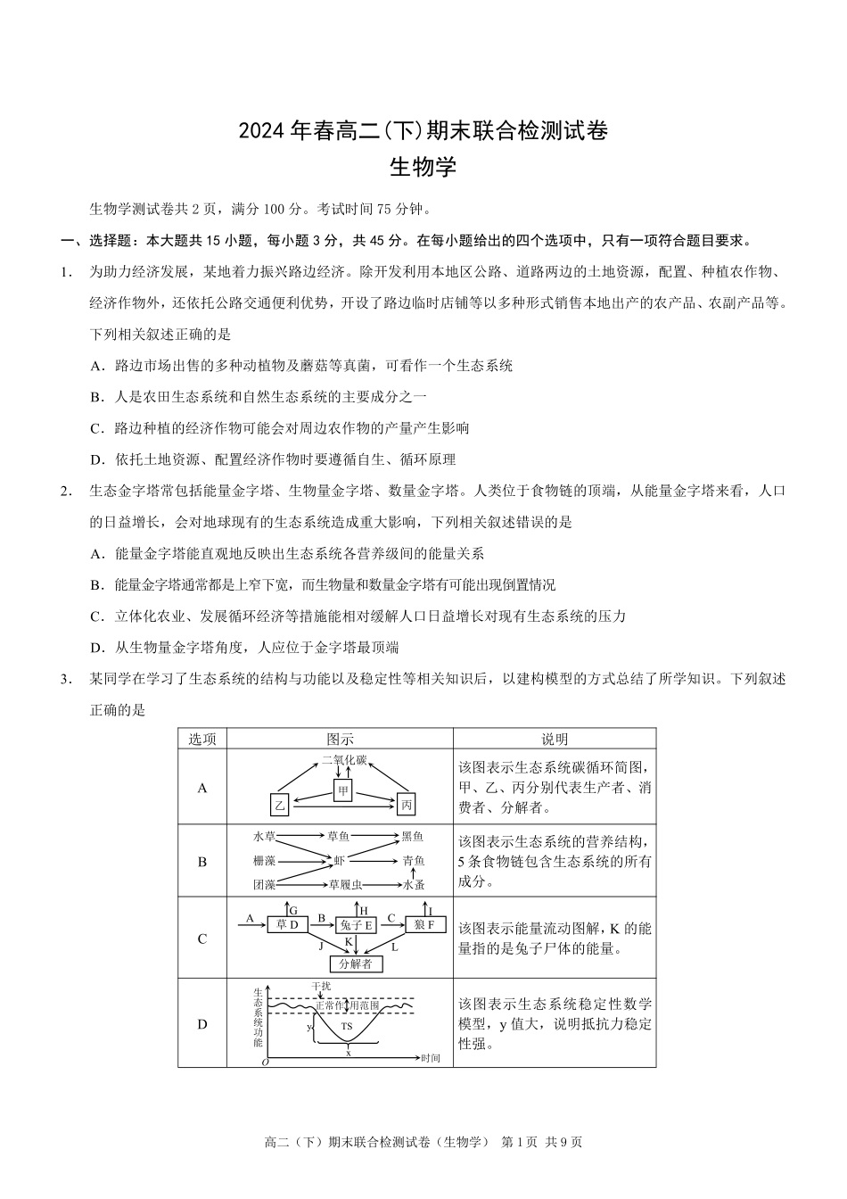 2024年春高二年级(下)学期期末联合检测考试试卷(7.3-7.4)(康德卷)生物试卷+答案(康德官方精校版).pdf_第1页
