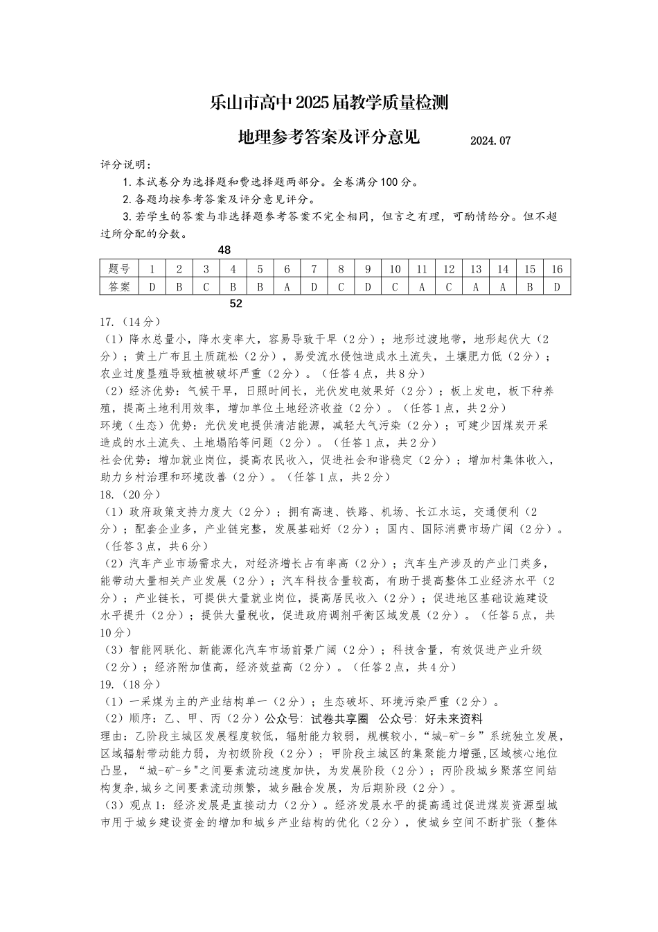 2025届2023-2024学年高二下学期期末教学质量检测(四川省乐山市)地理试卷答案.docx_第1页