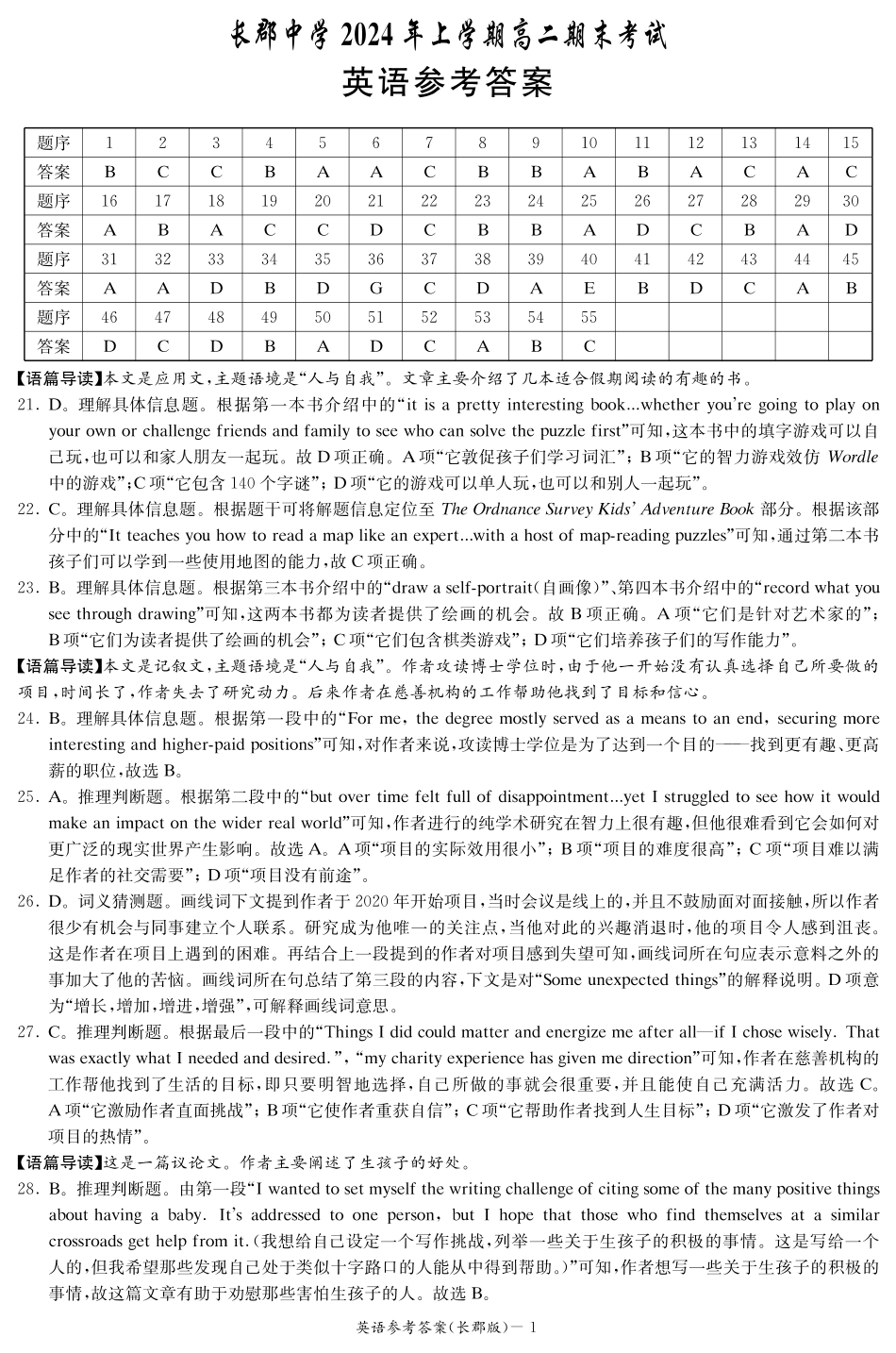 百强中学顶部牛校湖南省长沙市长郡中学2024年高二下学期期末考试英语试卷答案（长郡高二期末）.pdf_第1页