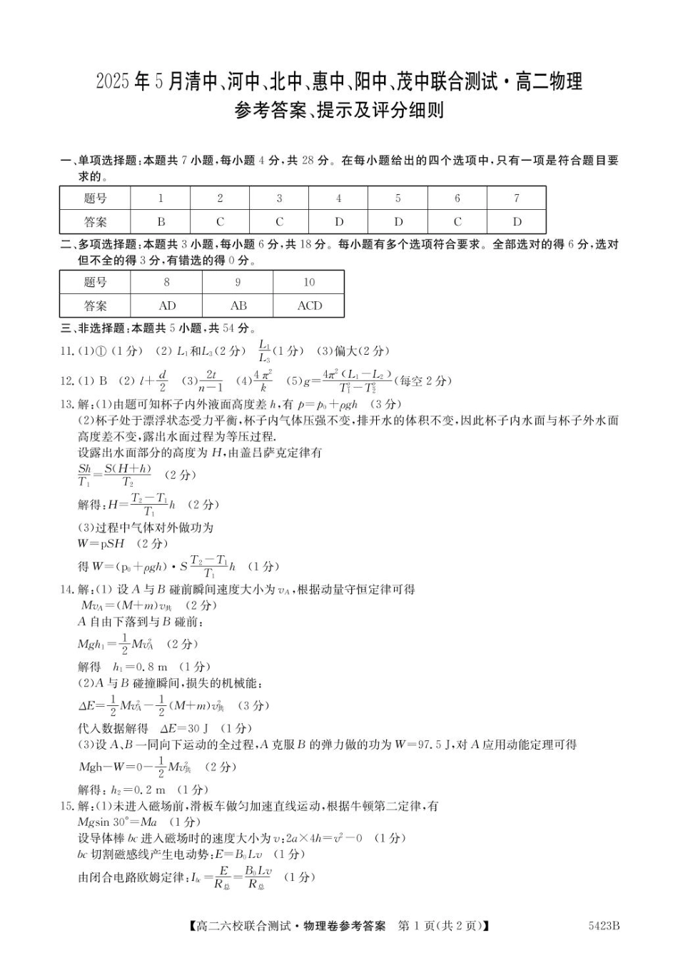 广东省六校（清中、河中、惠中、茂中等）2024-2025学年高二下学期5月联合测试物理5423B物理答案.pdf_第1页