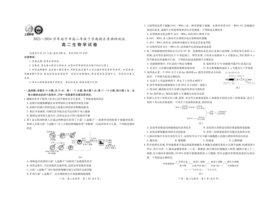 广西壮族自治区上进联考·2023-2024学年南宁市高二年级下学期期末考试调研测试(7.11-7.13)生物试卷.pdf_第1页