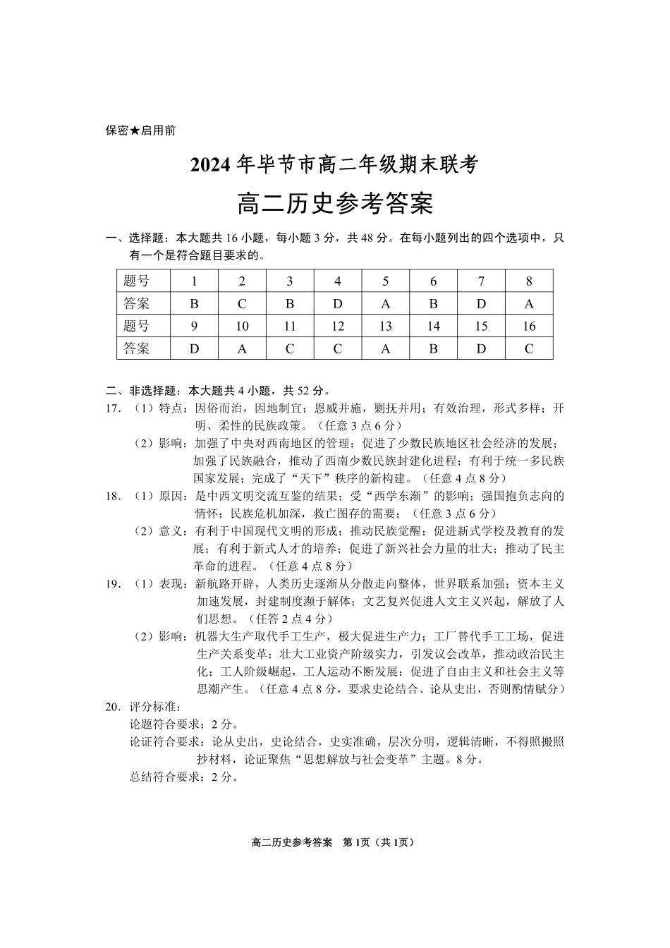 贵州省毕节市2024年毕节市高二年级下学期7月期末联考(7.10-7.12)历史试卷参考答案.pdf_第1页