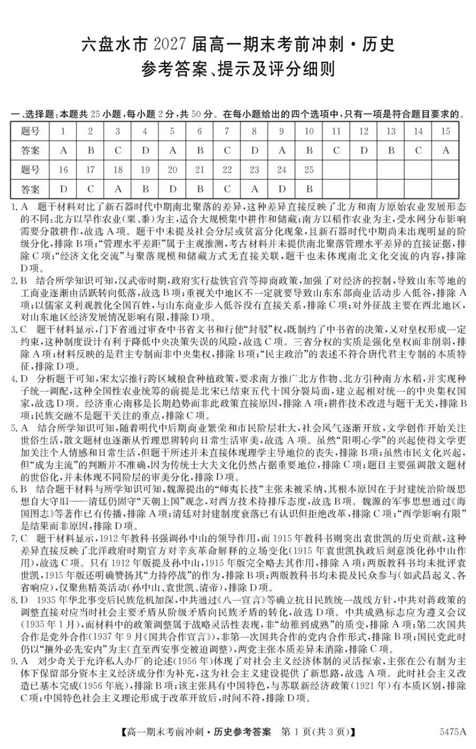贵州省六盘水市纽绅中学2024-2025学年高一下学期6月月考历史答案.pdf_第1页