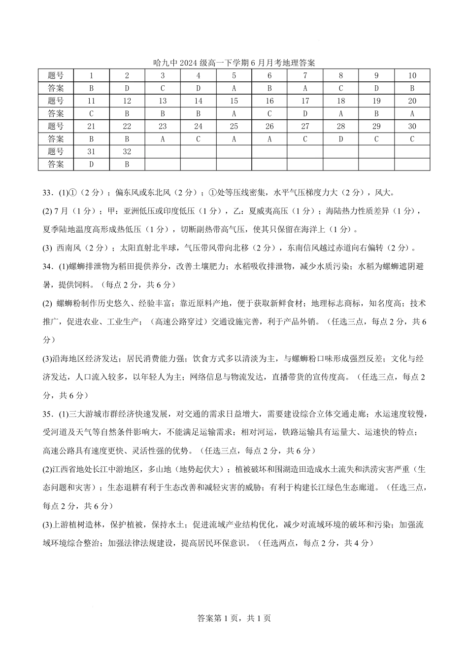 黑龙江省哈尔滨市第九中学2024一2025学年高一下学期6月考试地理地理6月月考答案.pdf_第1页