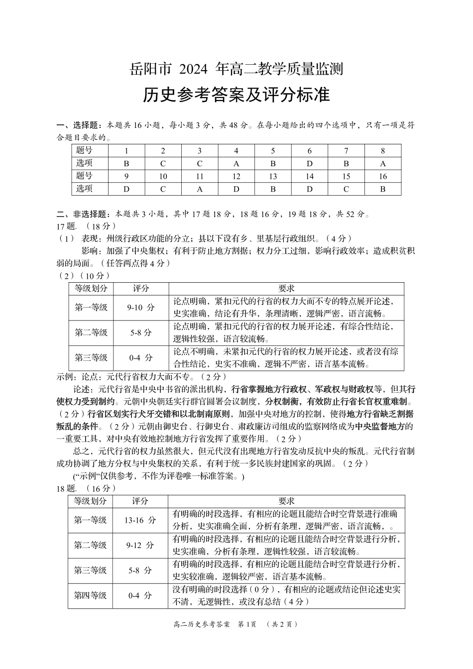 湖南省岳阳市2023-2024学年高二下学期教学质量监测暨6月期末考试历史试题卷答案.pdf_第1页