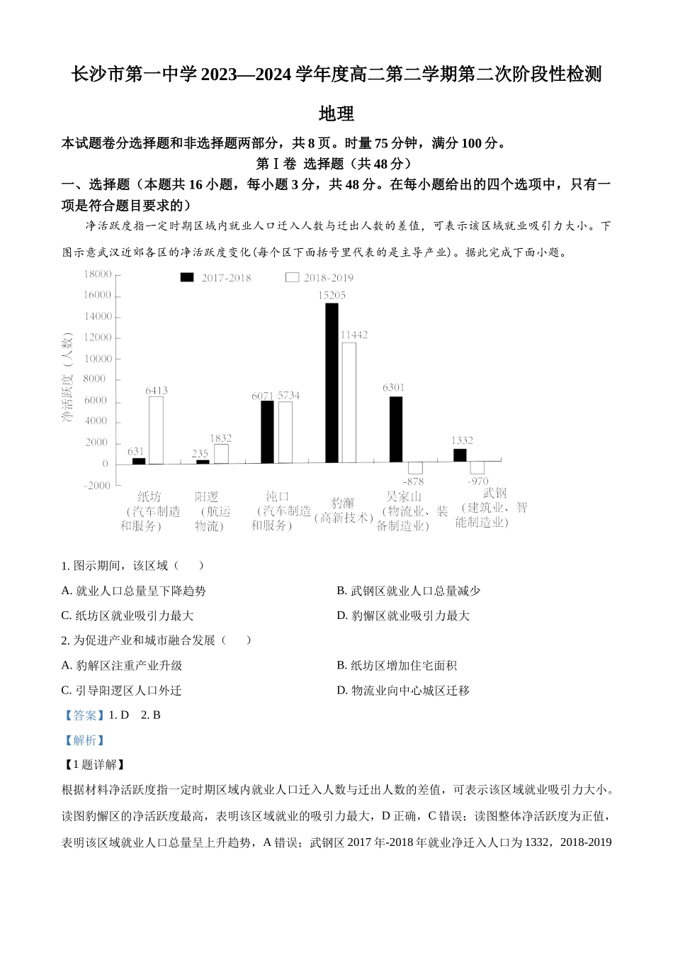 湖南省长沙市第一中学2023-2024学年高二下学期期末考试地理试题（解析版）.docx_第1页