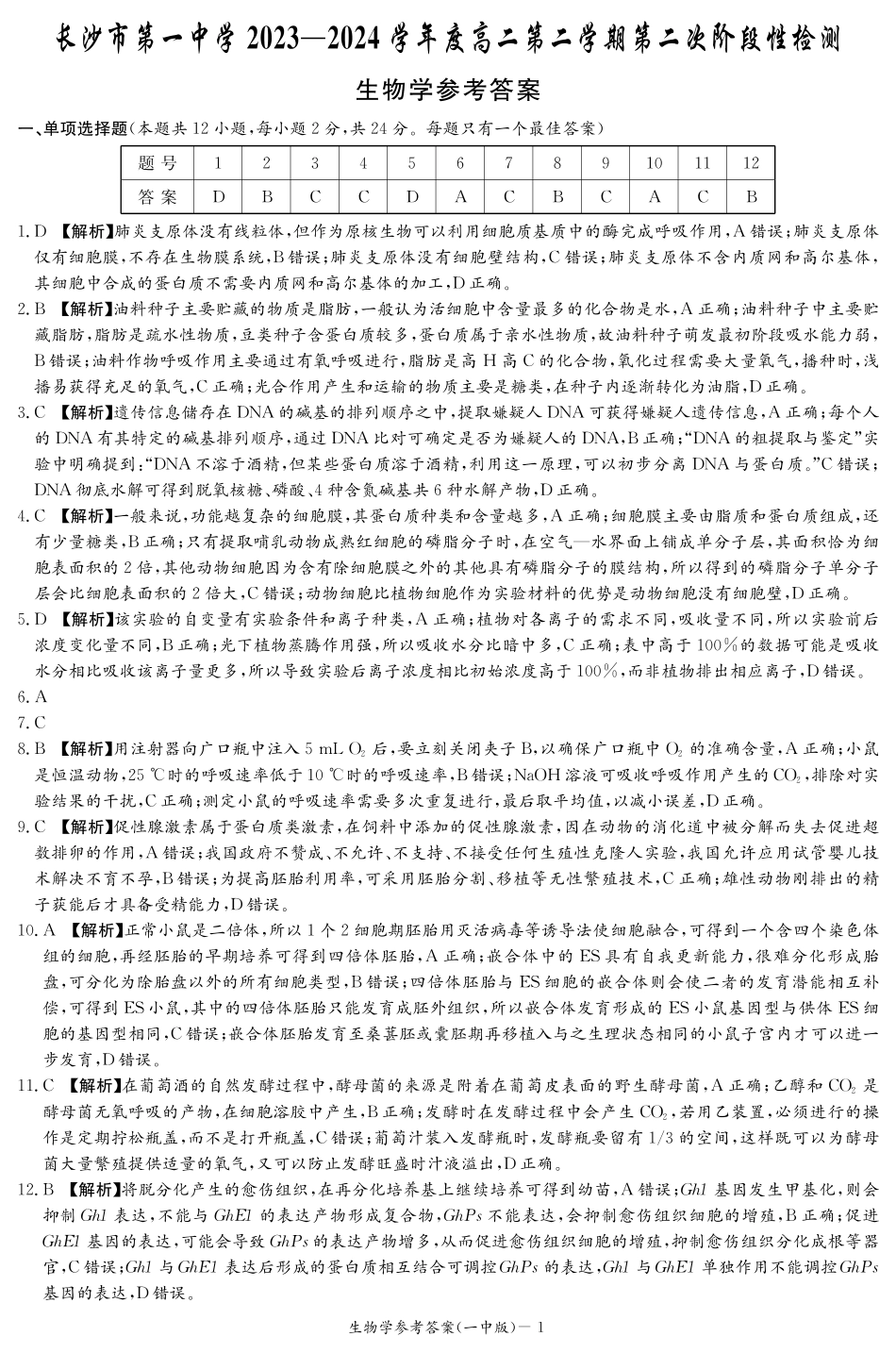 湖南省长沙市第一中学2023-2024学年高二下学期期末考试生物试题参考答案.pdf_第1页