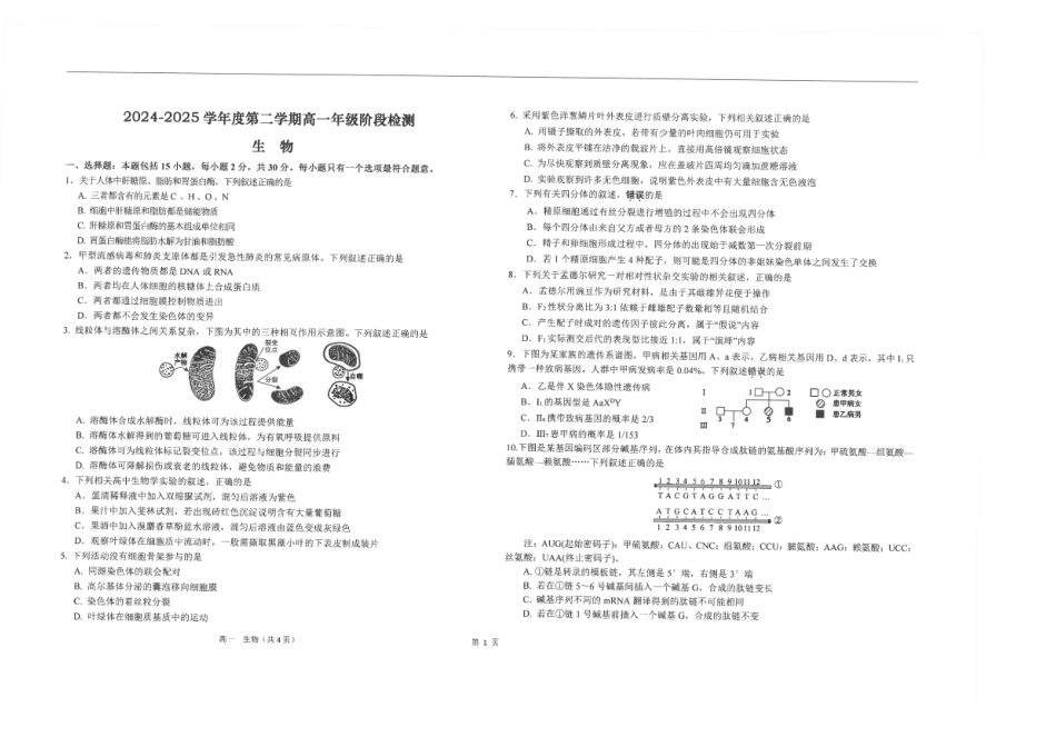 江苏省南通市海安高级中学2024-2025学年高一下学期6月阶段检测生物试卷(含答案).pdf_第1页
