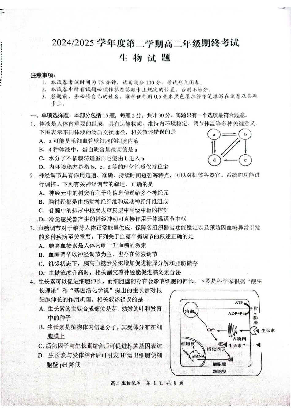 江苏省盐城市东台市2024-2025学年高二下学期期末考试生物试卷.pdf_第1页
