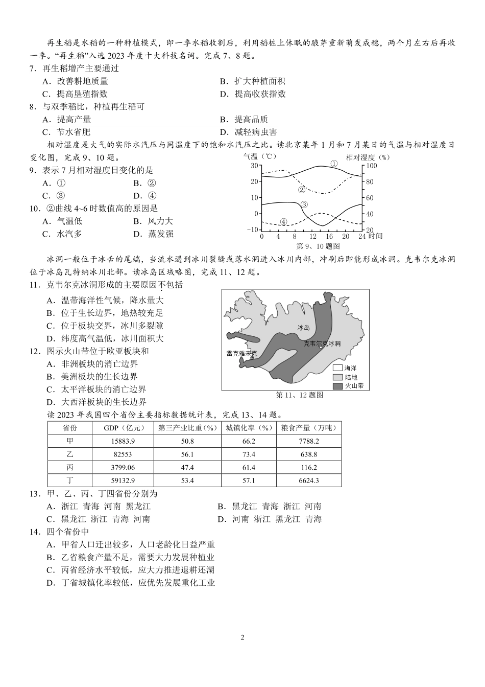金华十校2025届高二下学期期末联考考试(浙江)地理试卷+答案.pdf_第2页
