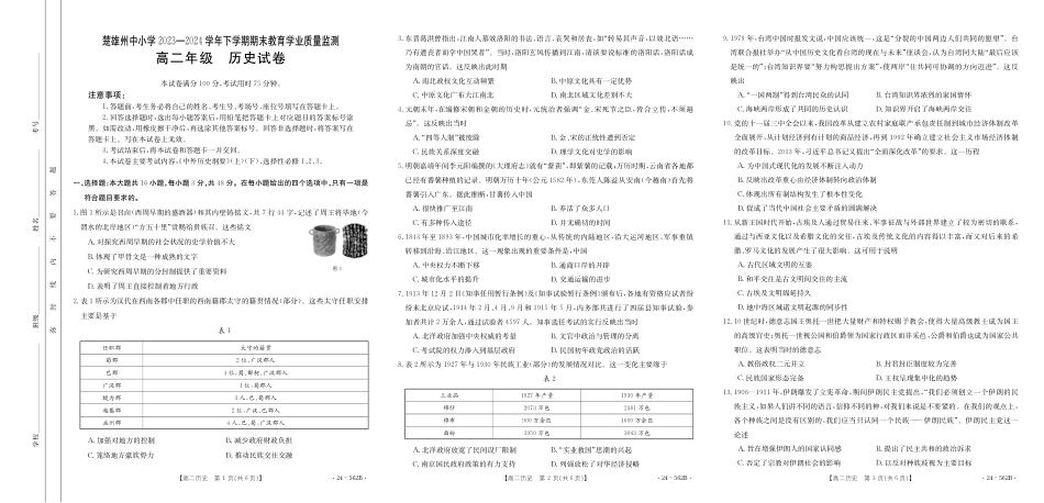 金太阳24-562B2023-2024学年高二下学期期末教育学业质量监测历史学试卷.pdf_第1页