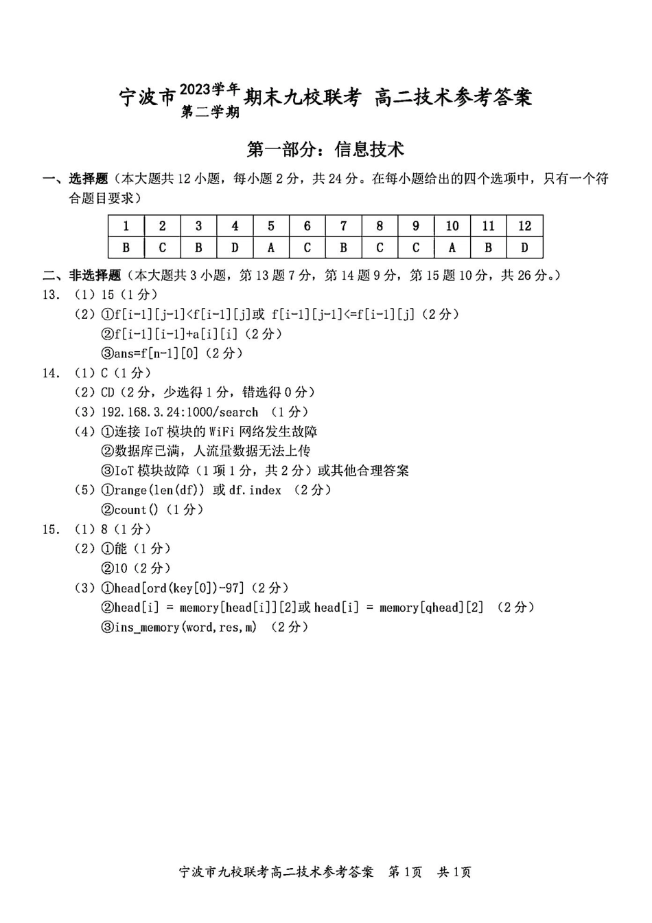 九校联考2023-2024学年高二下学期6月期末联考考试(浙江省宁波市)技术试卷答案.pdf_第1页