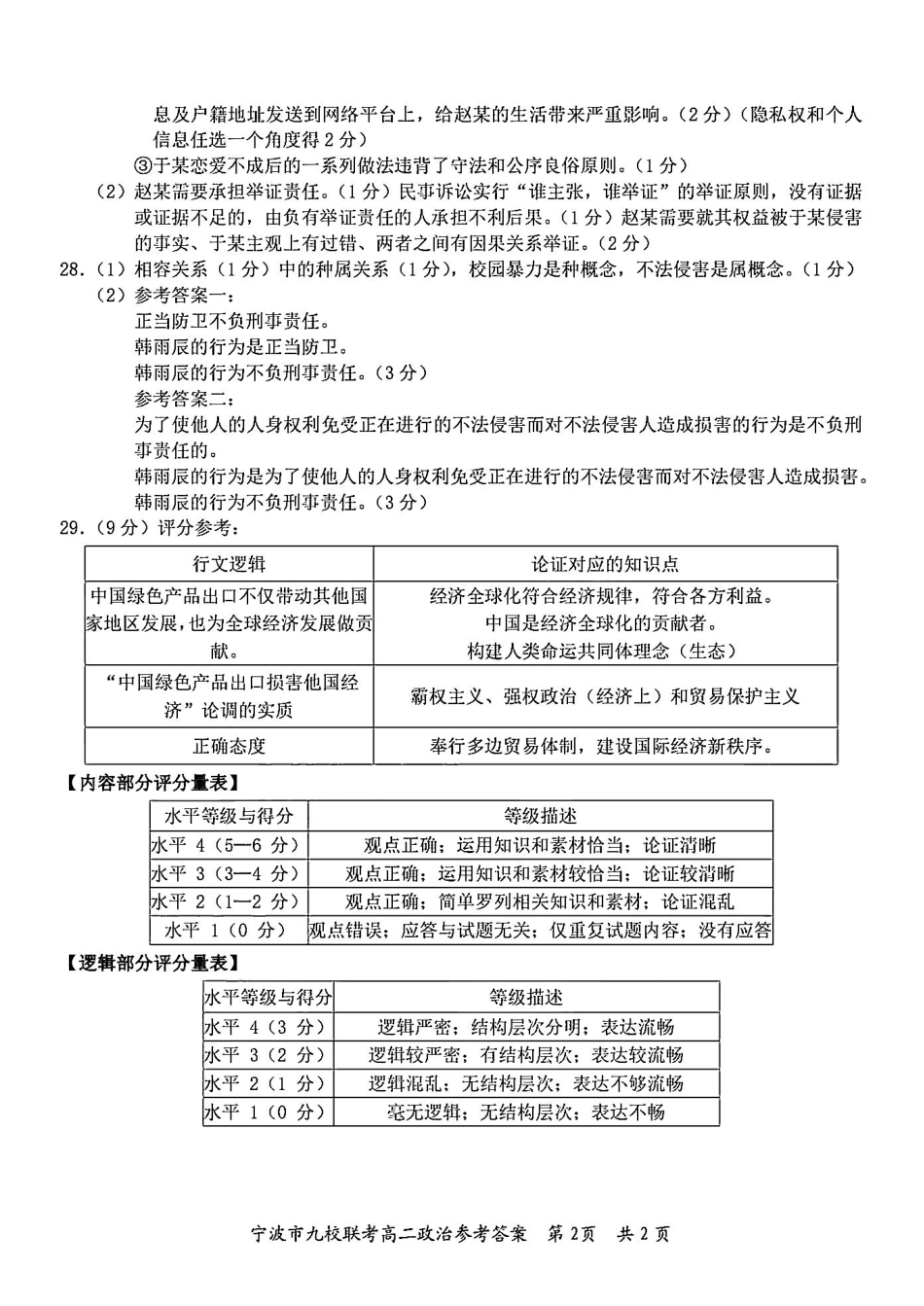 九校联考2023-2024学年高二下学期6月期末联考考试(浙江省宁波市)政治试卷答案.pdf_第2页