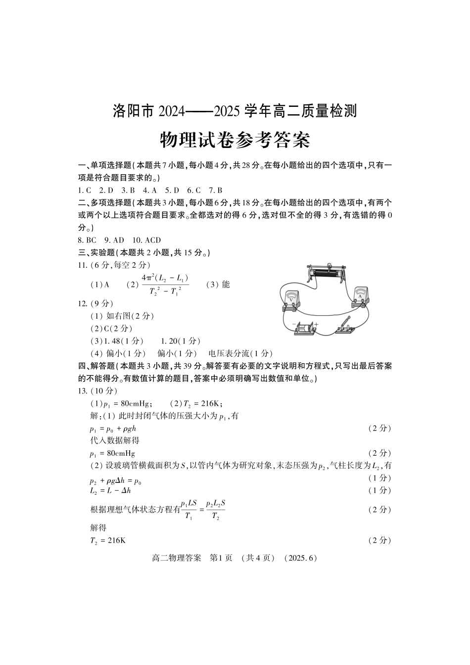洛阳2024-2025学年6月高二质量检测-物理答案.pdf_第1页