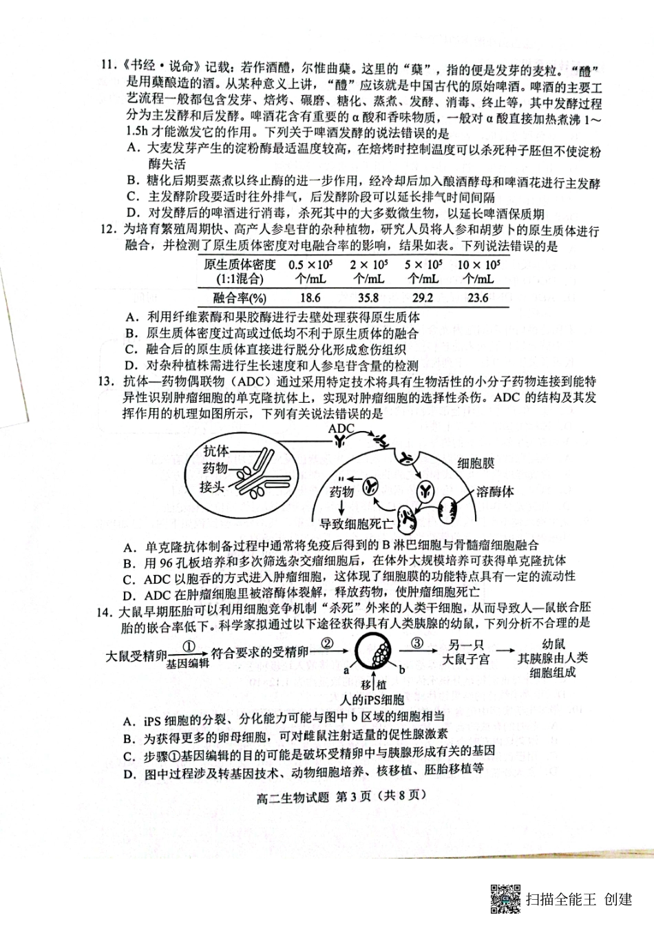 山东省菏泽市2023-2024学年高二下学期7月期末教学质量检测考试(7.10-7.12)生物试卷(A4版)+答案.pdf_第3页
