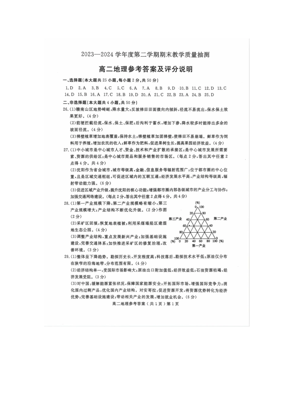 山东省聊城市2023-2024学年高二下学期期末教学质量抽测考试地理试卷答案.docx_第1页