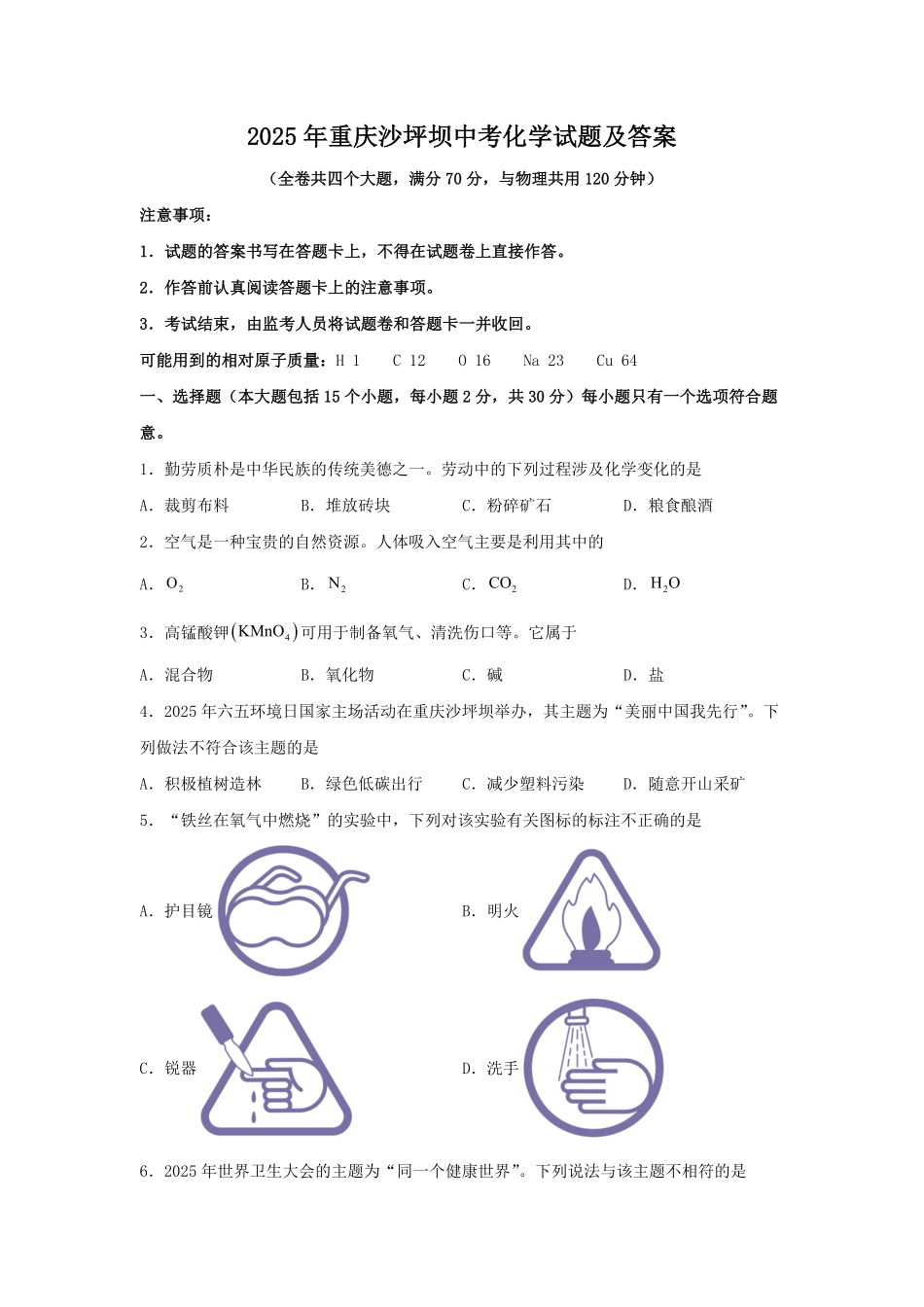 2025年重庆沙坪坝中考化学试题及答案.pdf_第1页