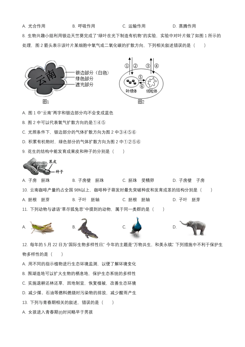 2025年云南中考生物试题及答案.pdf_第2页