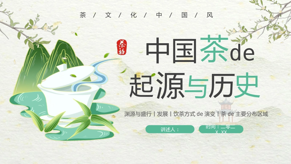 绿色国潮风中国茶的起源与历史模板.pptx_第1页