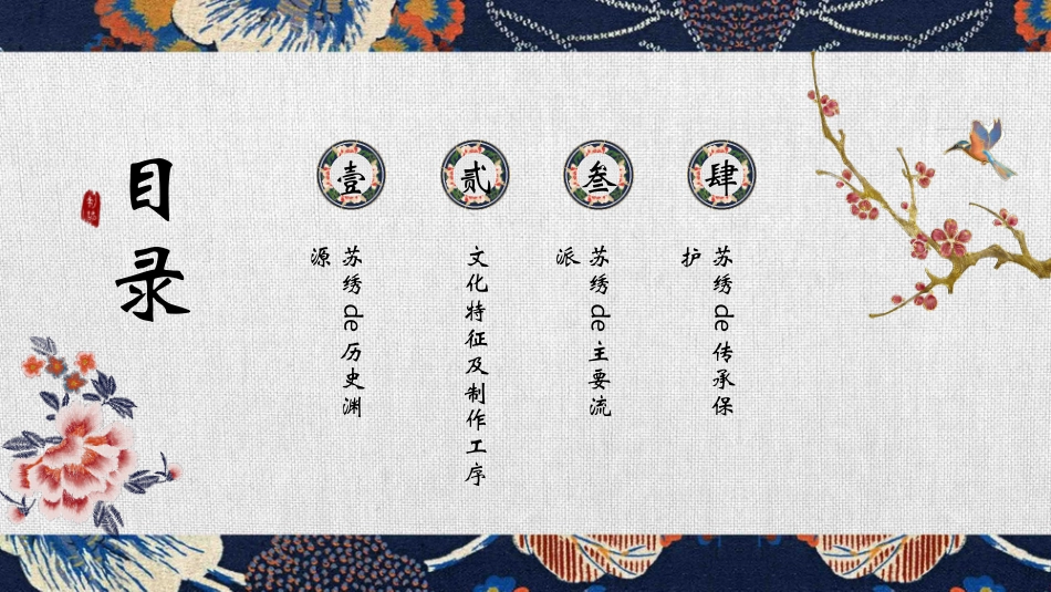 蓝色古典刺绣花纹背景的“苏绣”国家级非物质文化遗产介绍模板.pptx_第2页