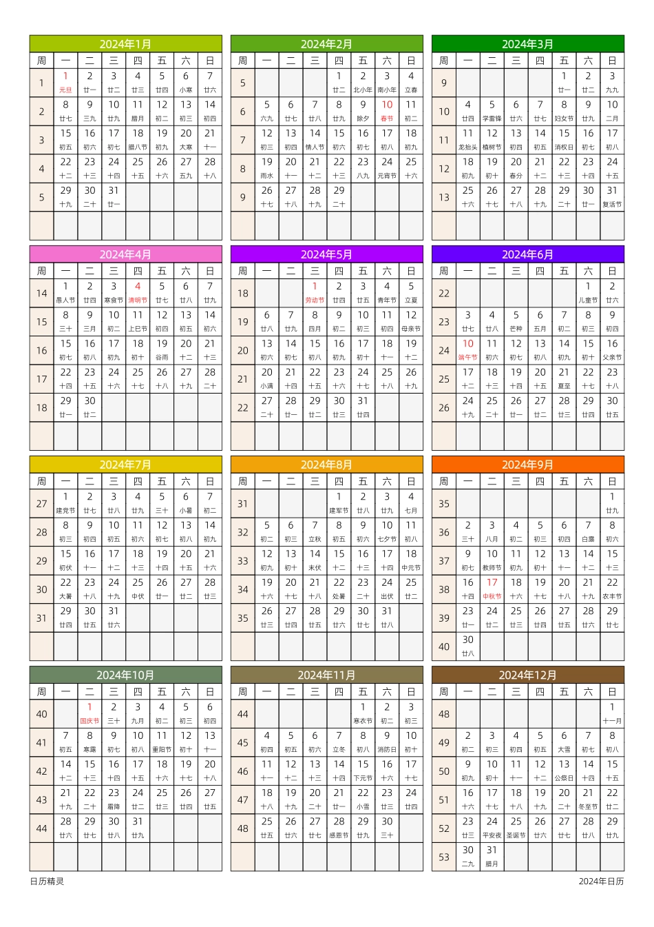 2024年日历_年历+月历+周历+日历四合一全年日历_带农历节假日.pdf_第2页
