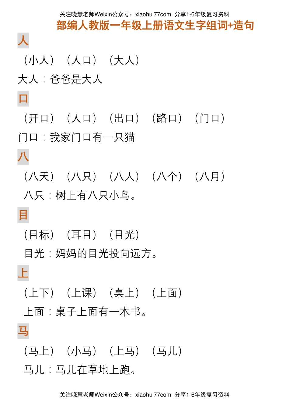 部编人教版一年级上册语文生字组词造句.pdf_第1页