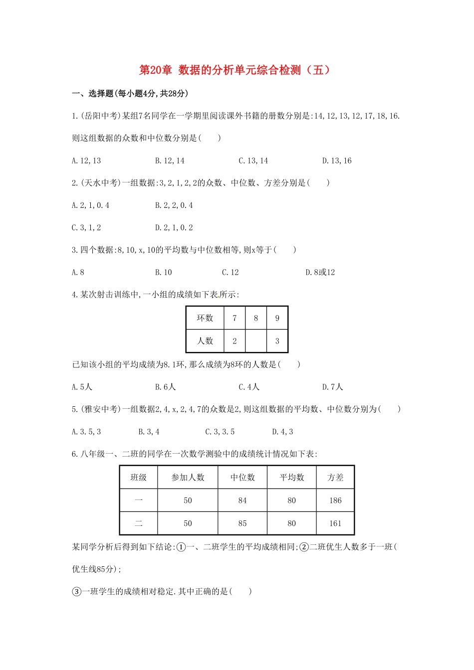 部编数学八年级下册第20章数据的分析单元综合检测含答案.pdf_第1页