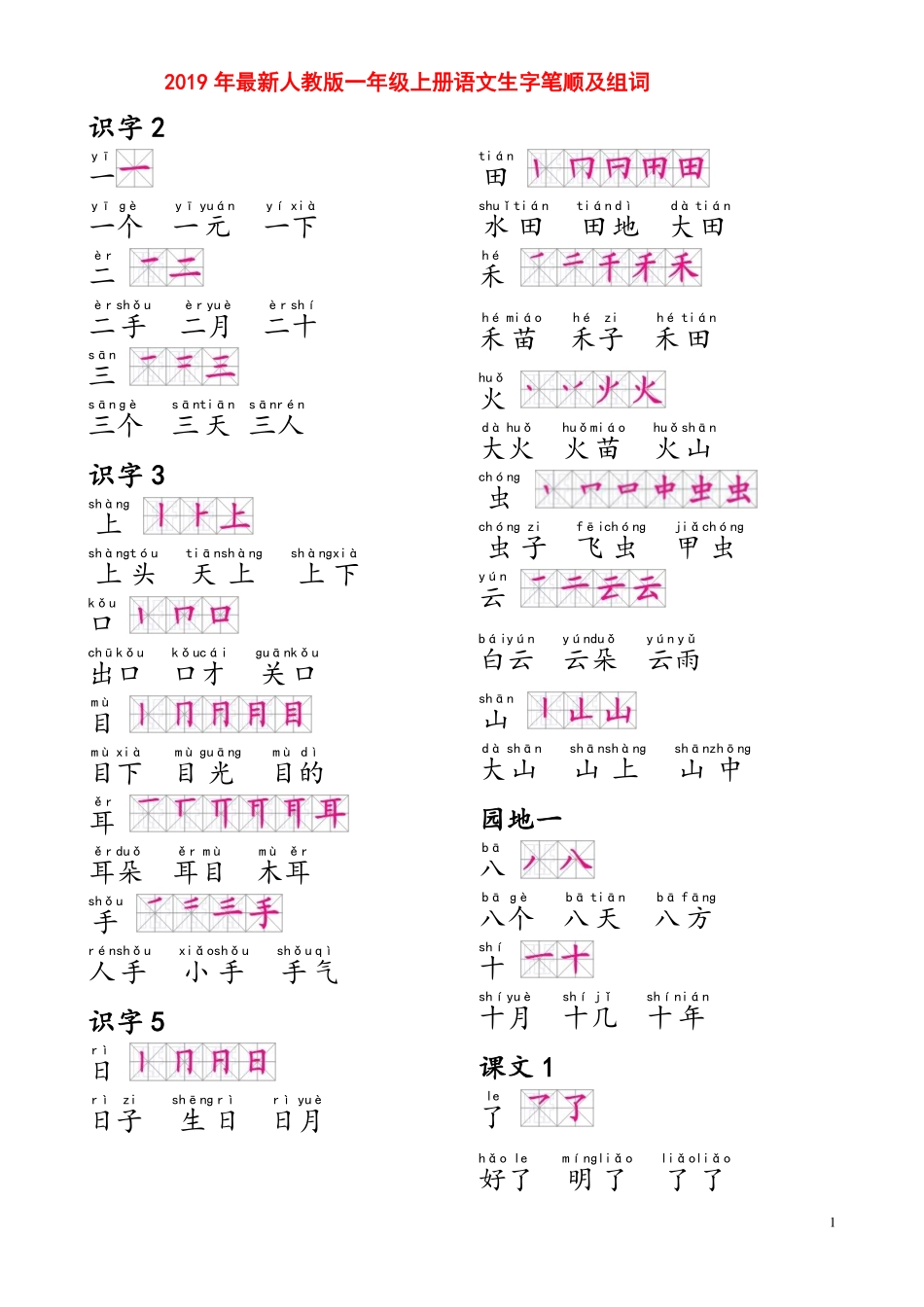 部编人教版一年级上册生字笔画组词.pdf_第1页