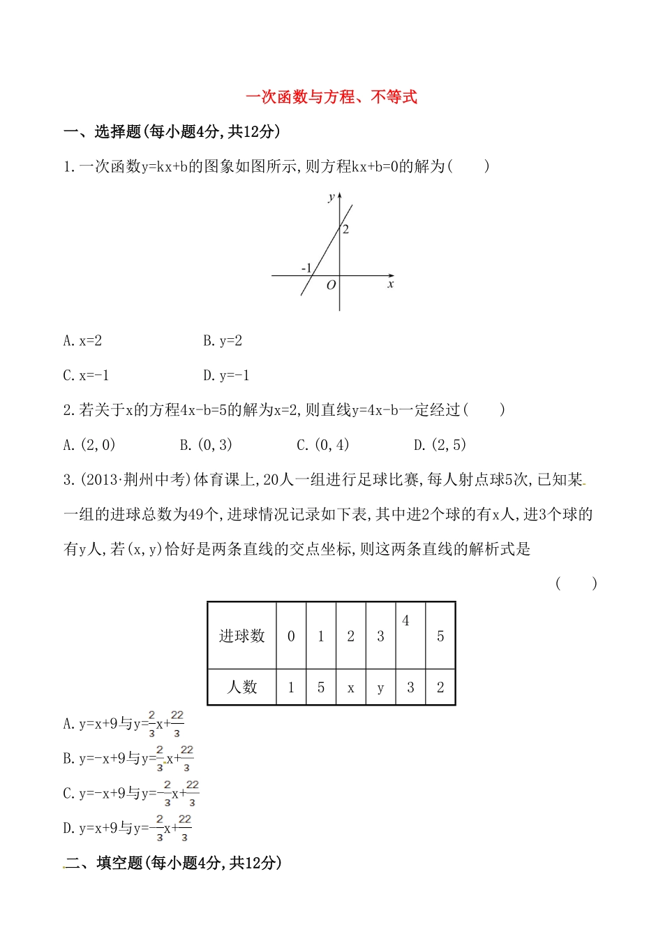 部编数学八年级下册《一次函数与方程、不等式》基础测试卷及答案含答案.pdf_第1页