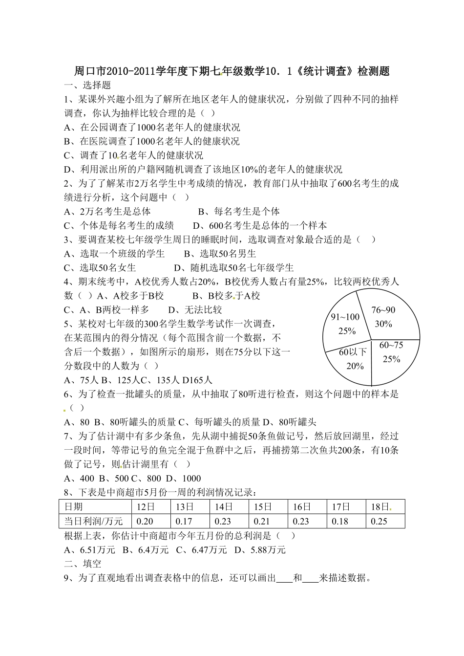 部编数学七年级下册10.1 统计调查 检测题2含答案.pdf_第1页