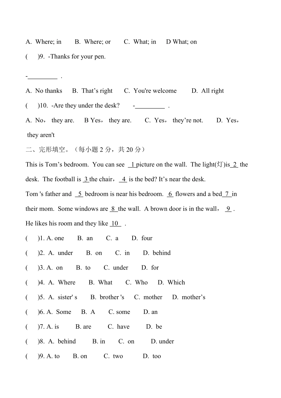 【单元测试】七年级初一上册英语人教版Unit-4-04-练习试题-测试卷(含答案).pdf_第2页