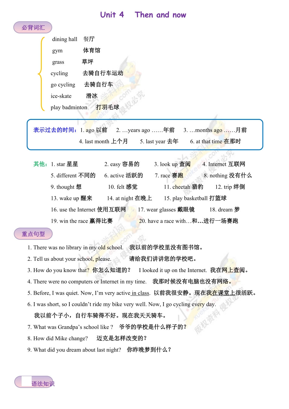 人教PEP版英语单元考点梳理六年级下册知识点总结归纳Unit4Thenandnowpep含答案.pdf_第1页