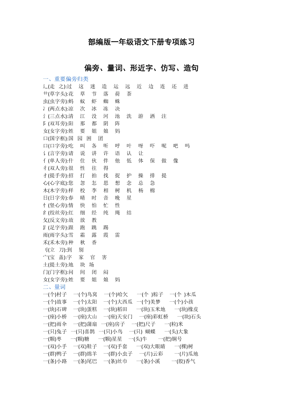 部编版一年级语文下册偏旁、量词、形近字、仿写、造句汇总.pdf_第1页