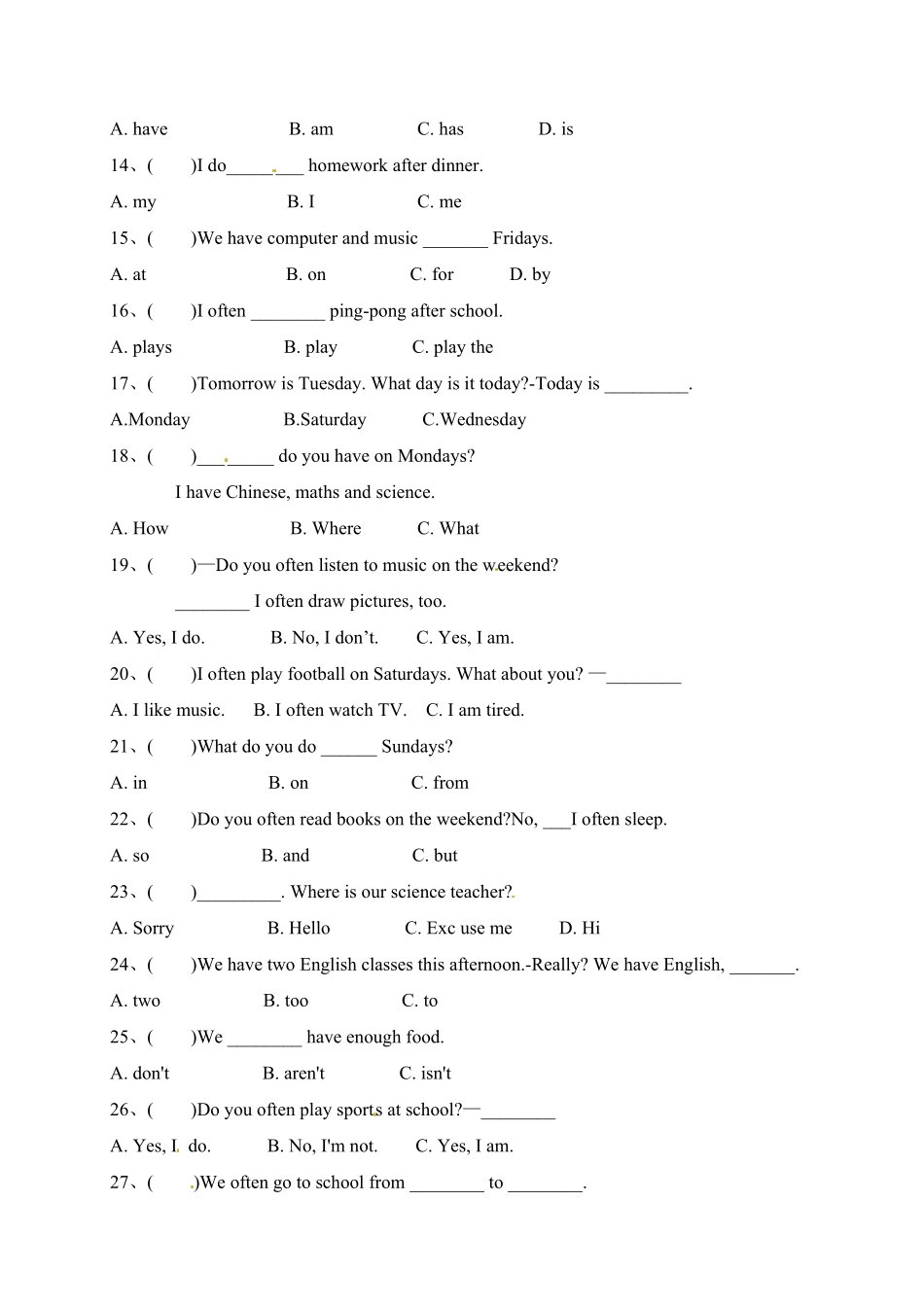 人教PEP版英语【单元专项】五年级上册-Unit2Myweek语法含答案.pdf_第2页