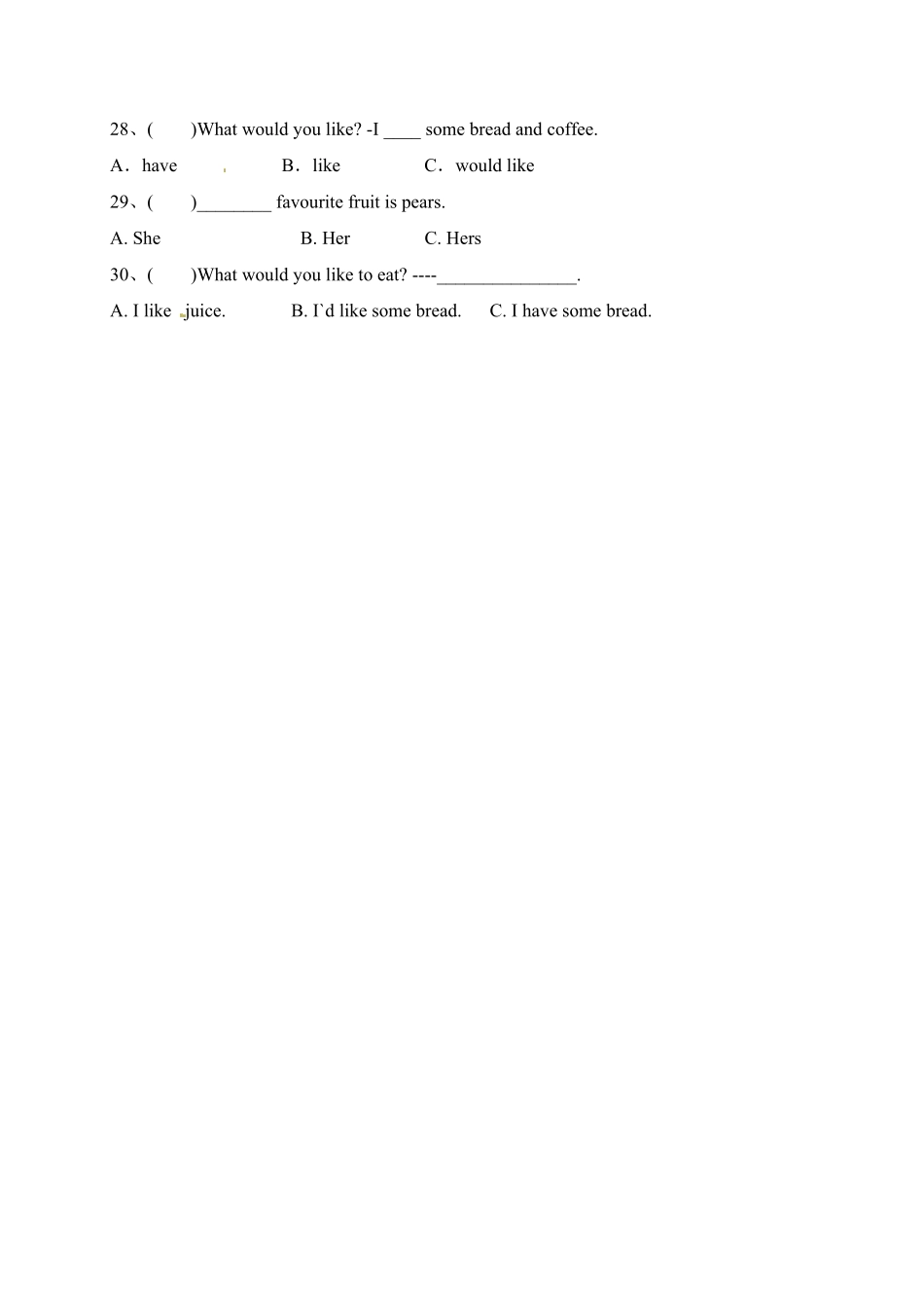 人教PEP版英语单元专项五年级上册Unit3Whatwouldyoulike？语法含答案.pdf_第3页