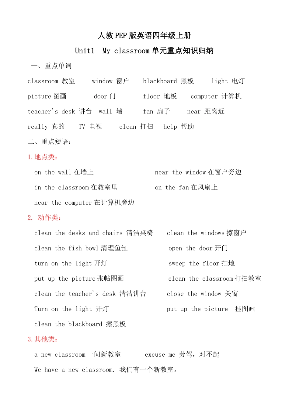 人教PEP版英语考点一网打尽四年级上册单元重点知识归纳-Unit1Myclassroom含答案.pdf_第1页