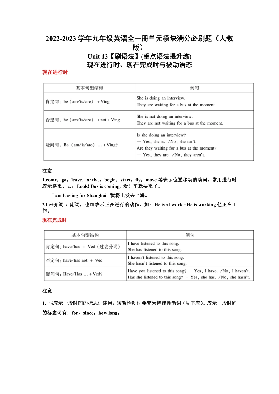 Unit13【刷语法】现在进行时、现在完成时与被动语态(重点语法提升练)九年级英语全一册单元模块满分必刷题人教版含答案.pdf_第1页