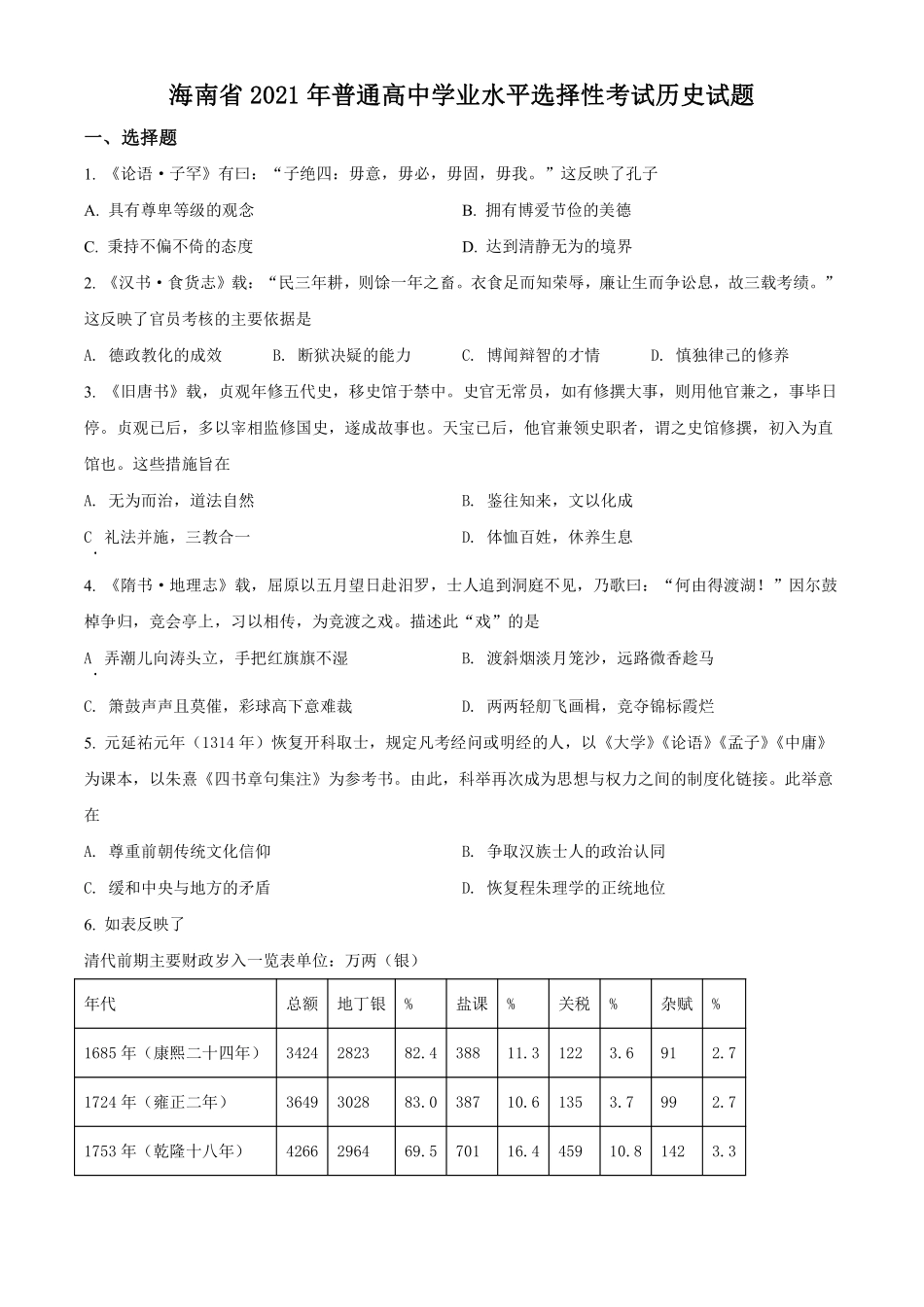 历史●海南卷丨2021年海南省普通高中学业水平选择性考试历史试卷及答案.pdf_第1页