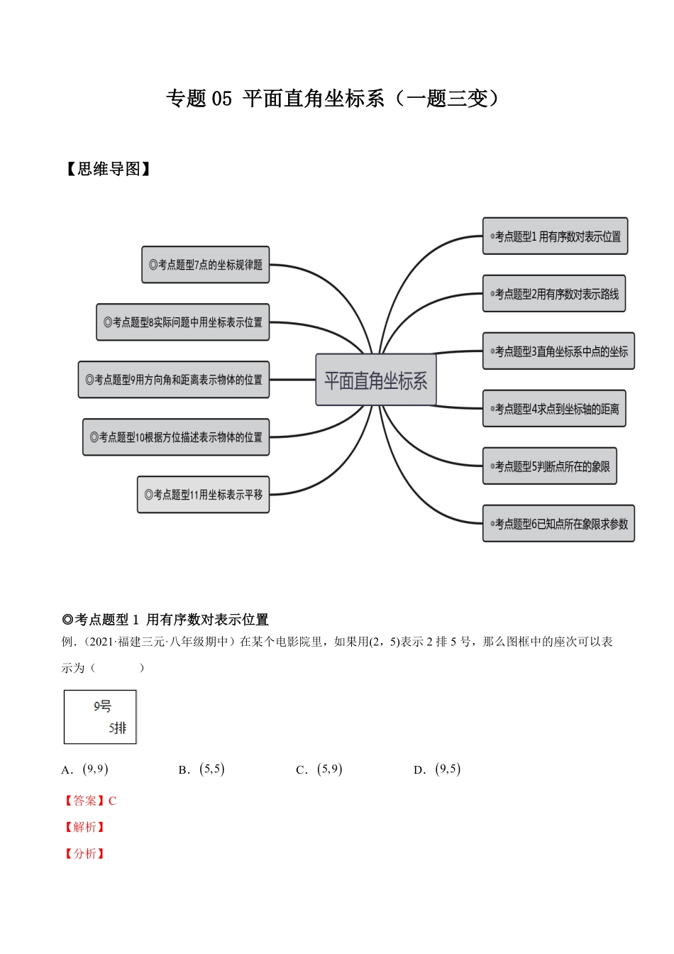 部编数学七年级下册专题05平面直角坐标系题型汇编【一题三变系列】考点题型汇编+强化练习(人教版)(解析版)含答案.pdf_第1页