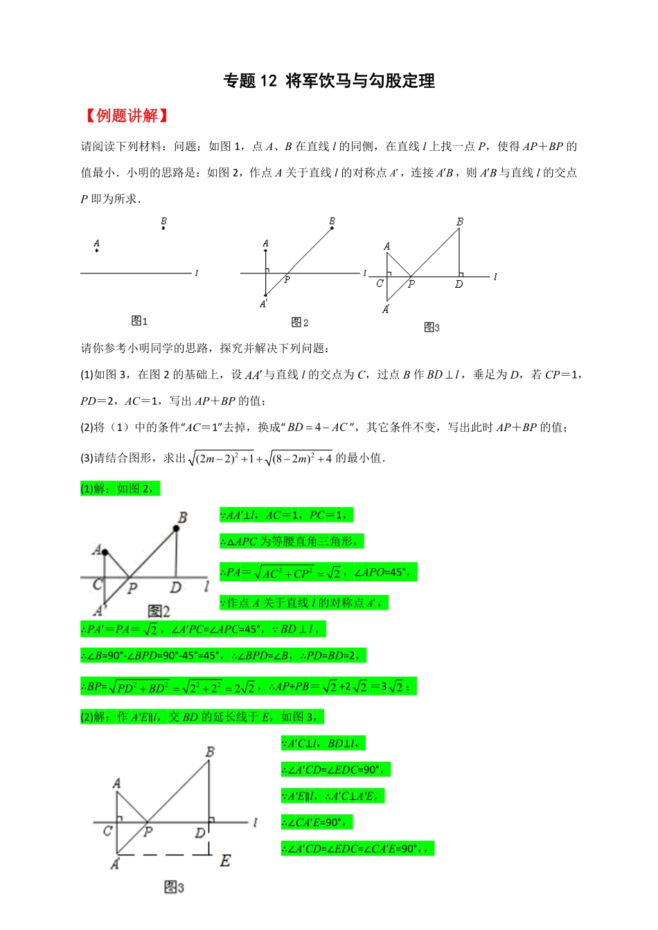 部编数学八年级下册专题12将军饮马与勾股定理解析版含答案.pdf_第1页