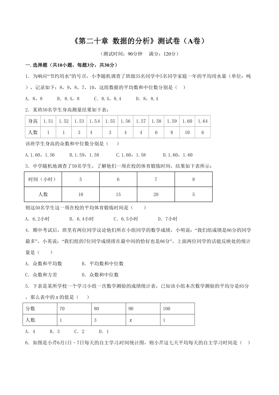 部编数学八年级下册第20章数据的分析A卷含答案.pdf_第1页