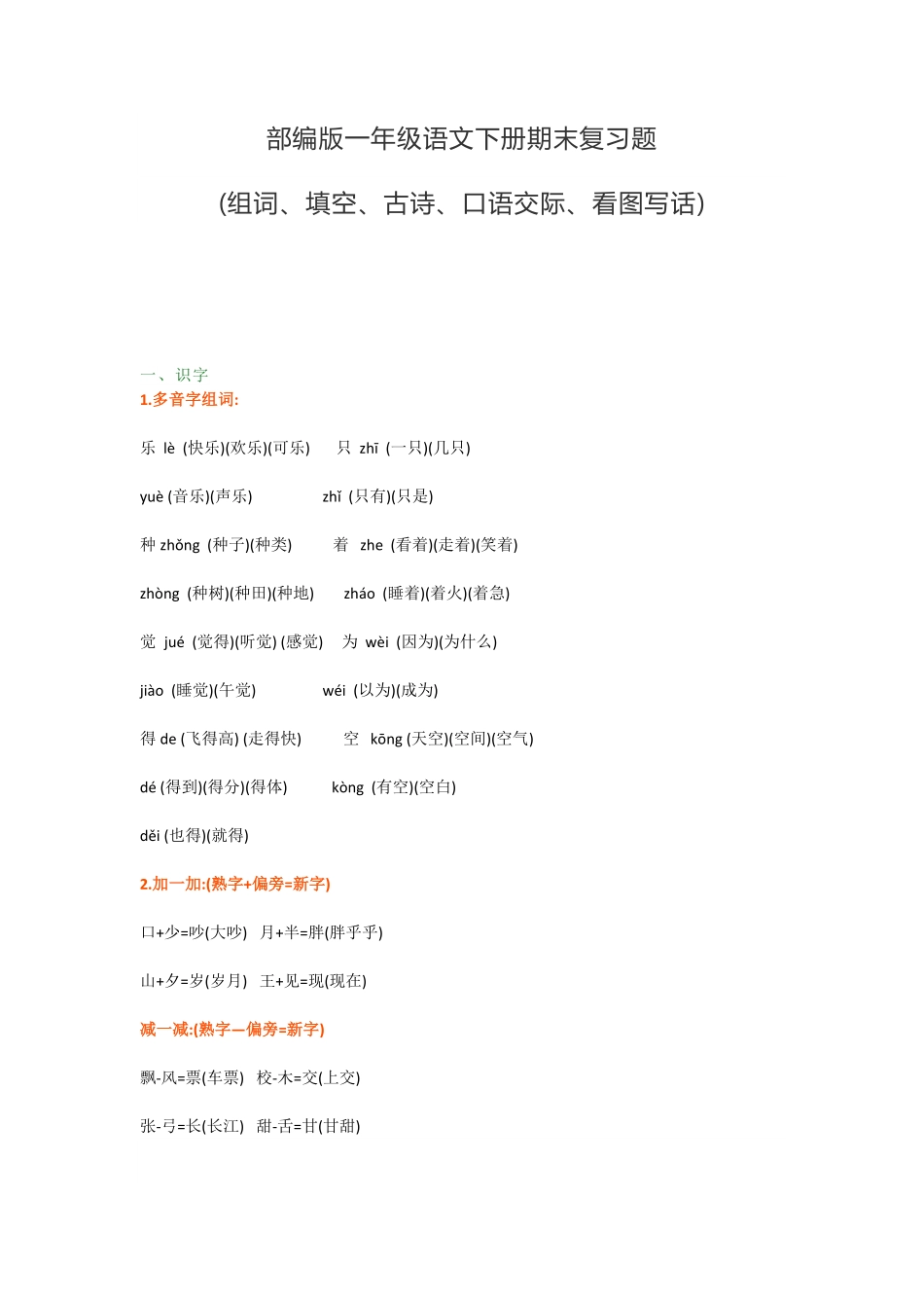 部编版一年级语文下册期末复习题组词、填空、古诗、口语、看图写话.pdf_第1页