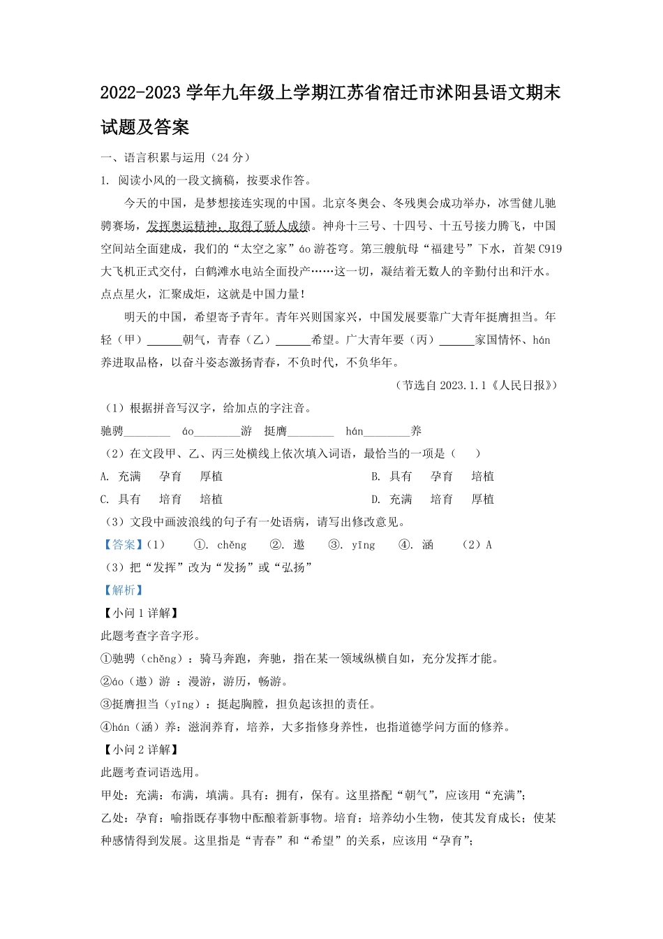 2022-2023学年九年级上学期江苏省宿迁市沭阳县语文期末试题及答案.pdf_第1页
